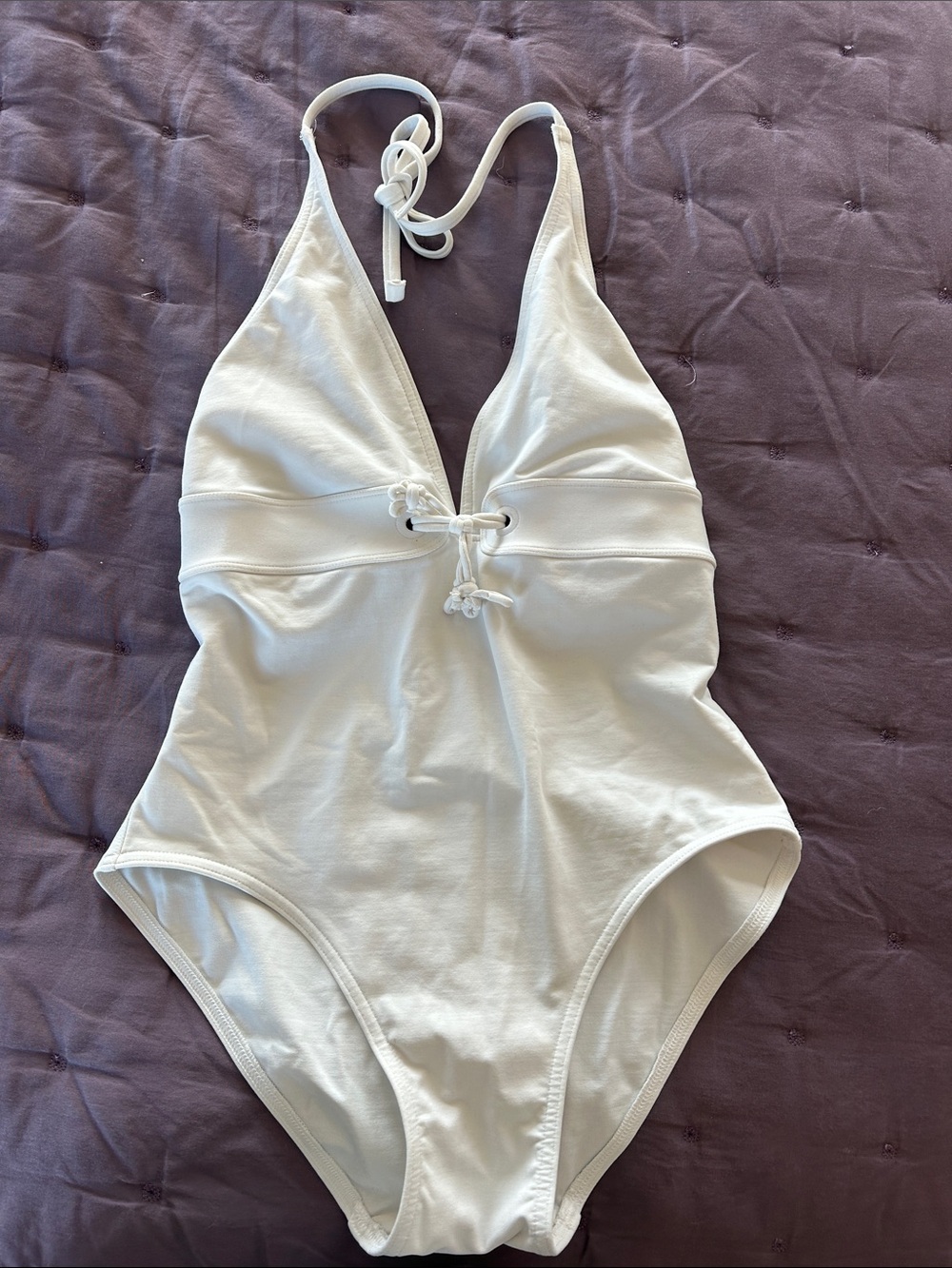 ERES Classic White Halter Swimsuit with Front Tie Detail fits like XS